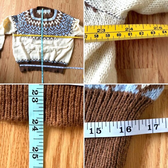 Retro Tribal Pattern Sweater Sz XL Brown Blue Cream Knit Pullover Vintage Style - Picture 3 of 9